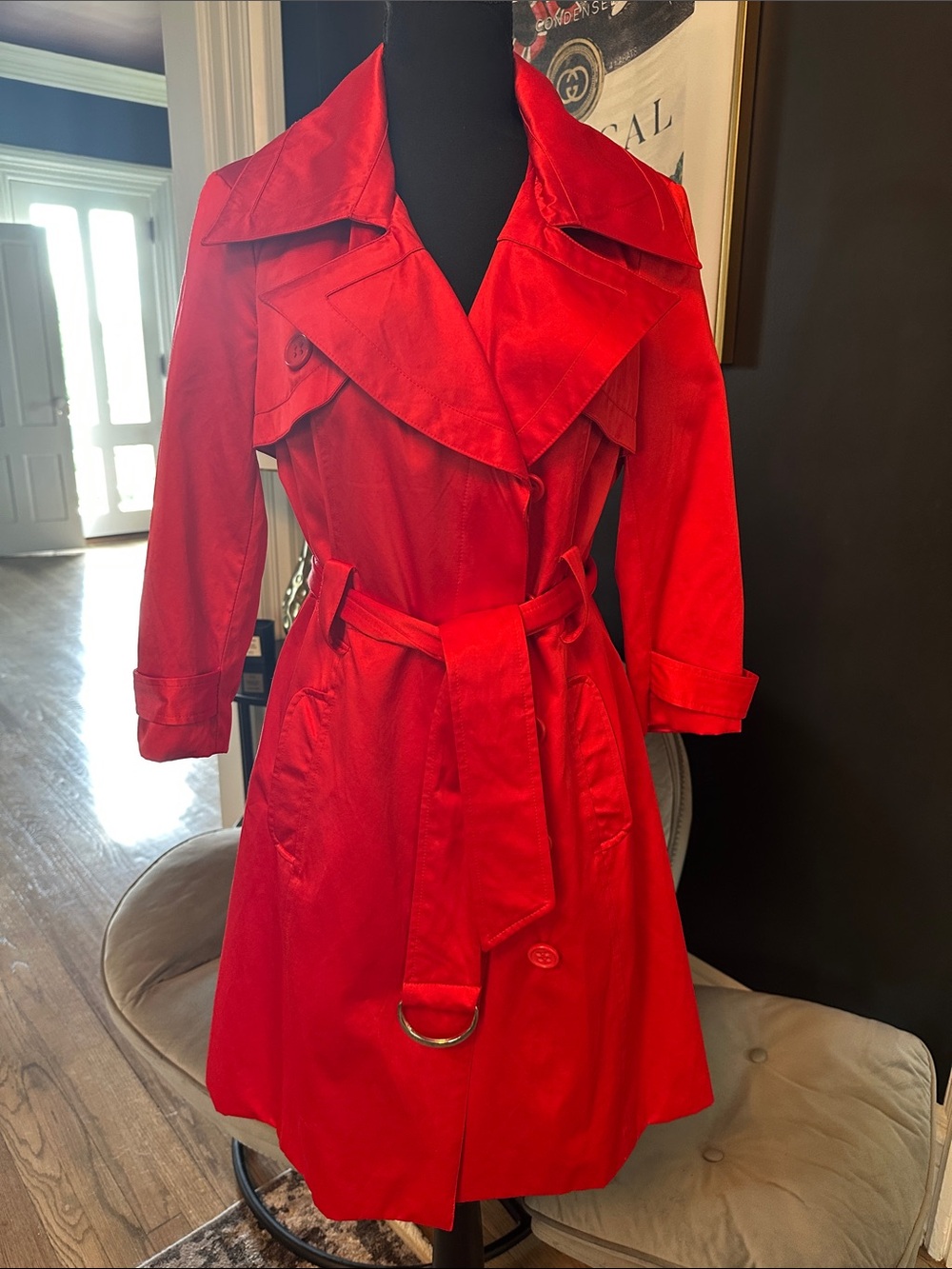bebe Red satin Double-Breasted Belted Trench Coat S